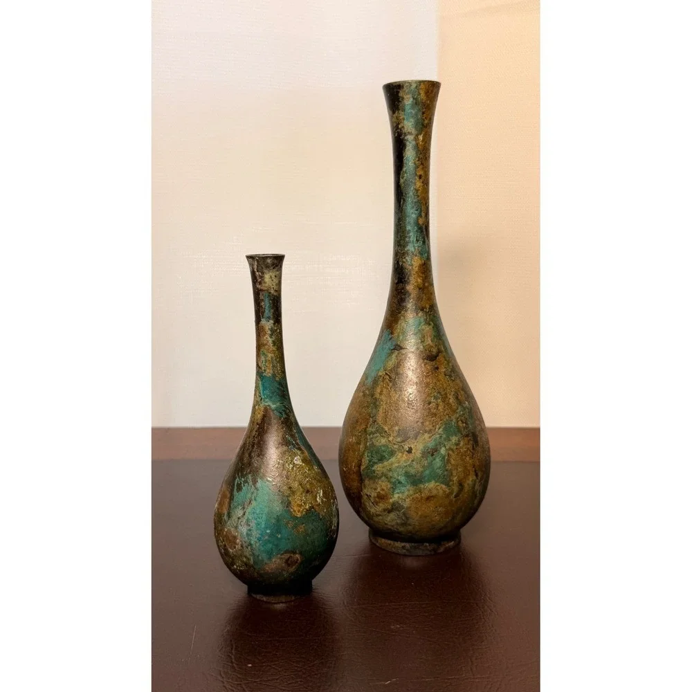 Vintage Japanese Style Patinated Bronze Solifleur Bud Vase Set Verdigris MCM